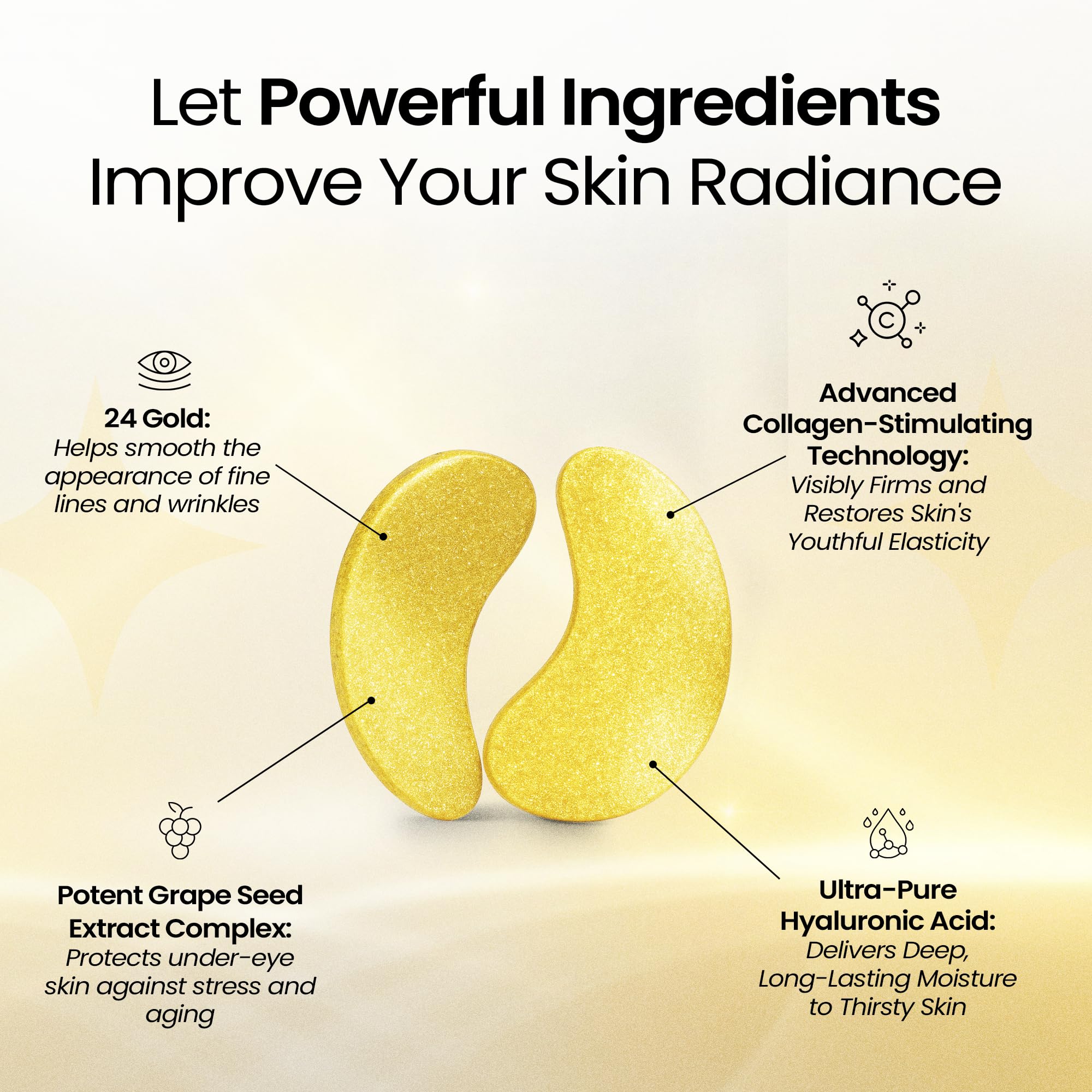 LA PURE 24k gold under-eye patches close-up on skin for hydration and puffiness reduction