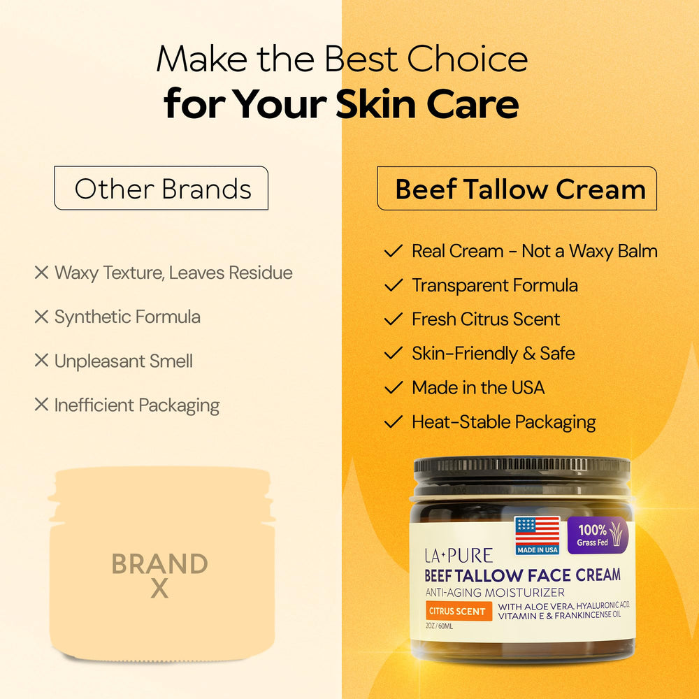 LA PURE Beef Tallow Face Cream highlights frankincense and vitamin E for resilience and antioxidants.