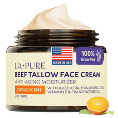 LA PURE Beef Tallow Face Cream jar close-up shows lightweight hydration for sensitive skin.