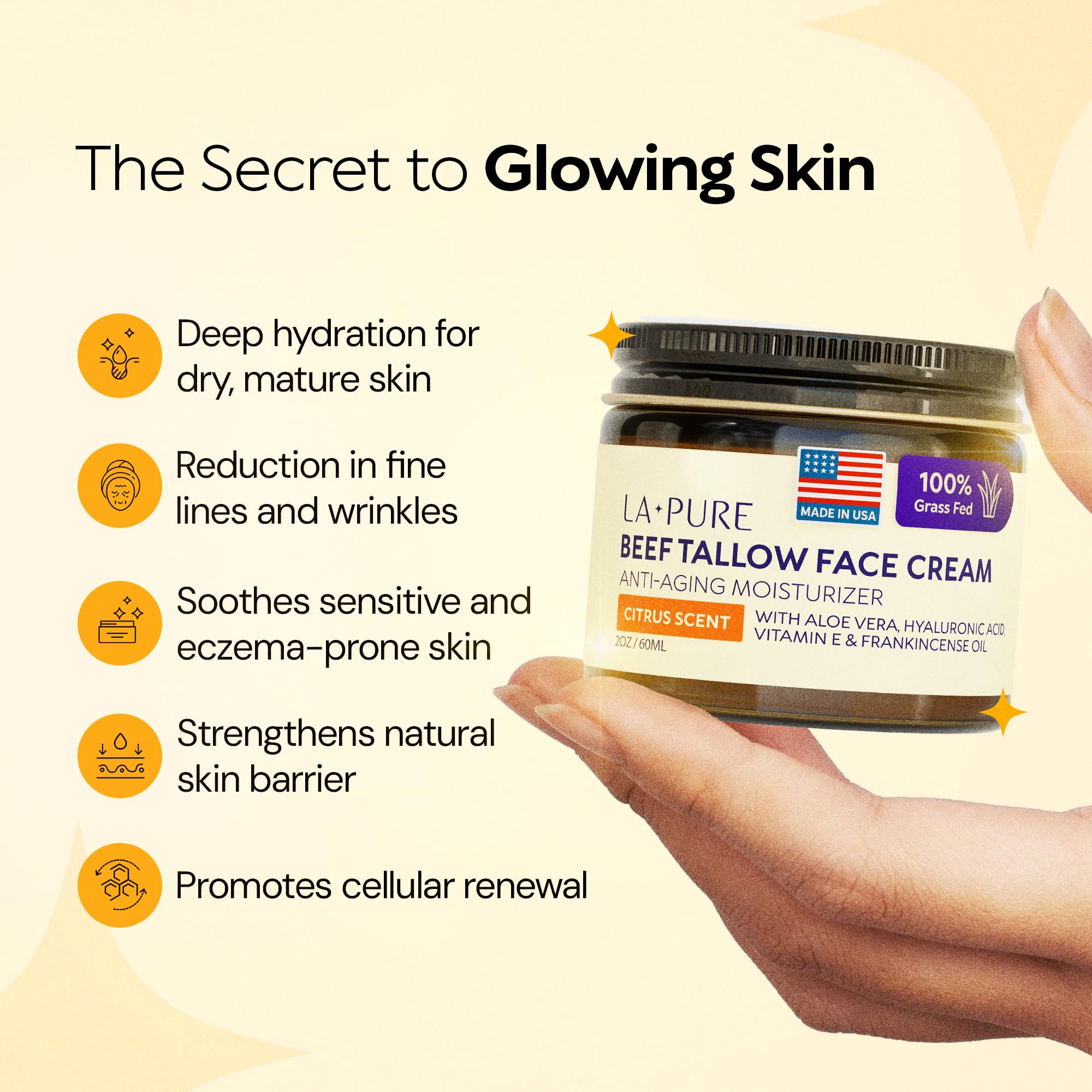 LA PURE Beef Tallow Face Cream texture swatch demonstrates fast absorption and non-greasy feel.