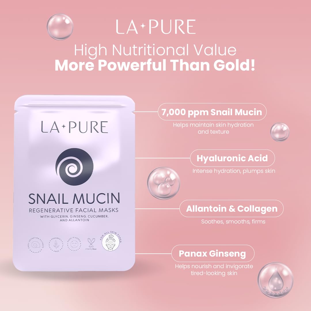 LA PURE Snail Mucin Mask cotton sheet detail emphasizes breathable, comfortable wear.
