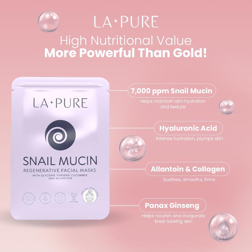 LA PURE Snail Mucin Mask cotton sheet detail emphasizes breathable, comfortable wear.