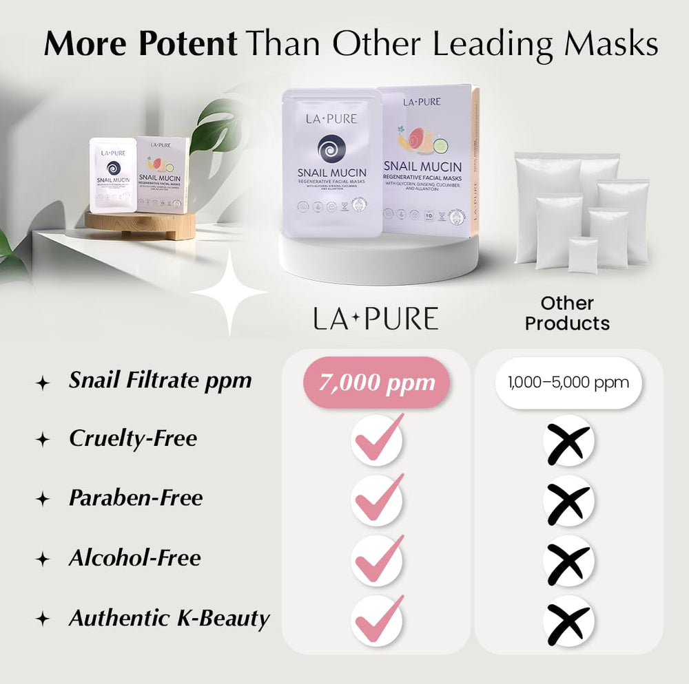 LA PURE Snail Mucin Mask cruelty-free and paraben-free label visible.