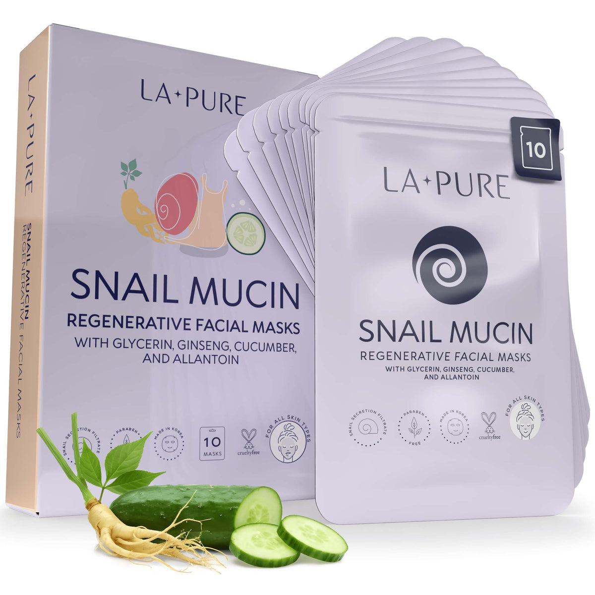 LA PURE Snail Mucin Mask pack front for deep hydration.