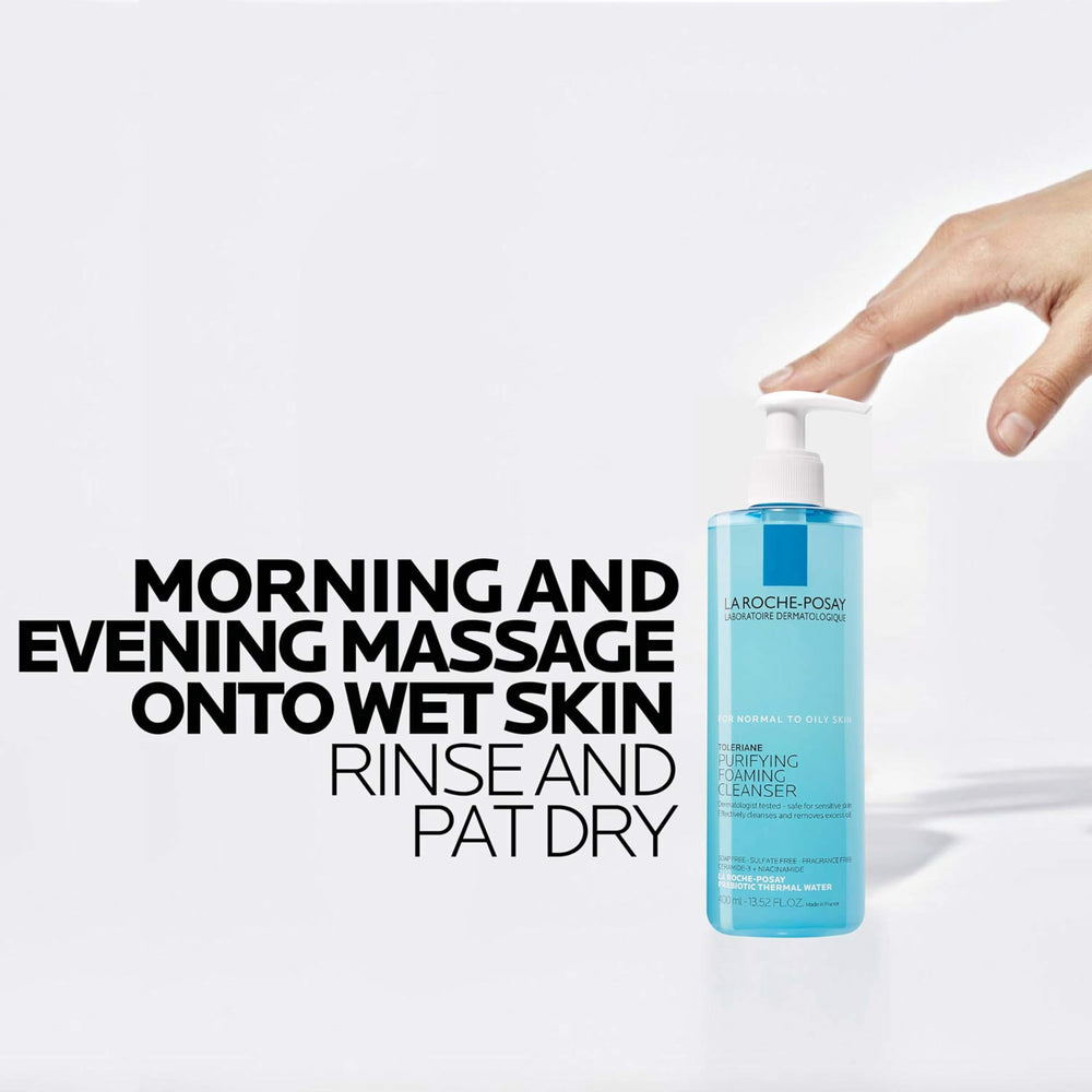 La Roche-Posay bottle on bathroom shelf lifestyle emphasizing daily routine fit