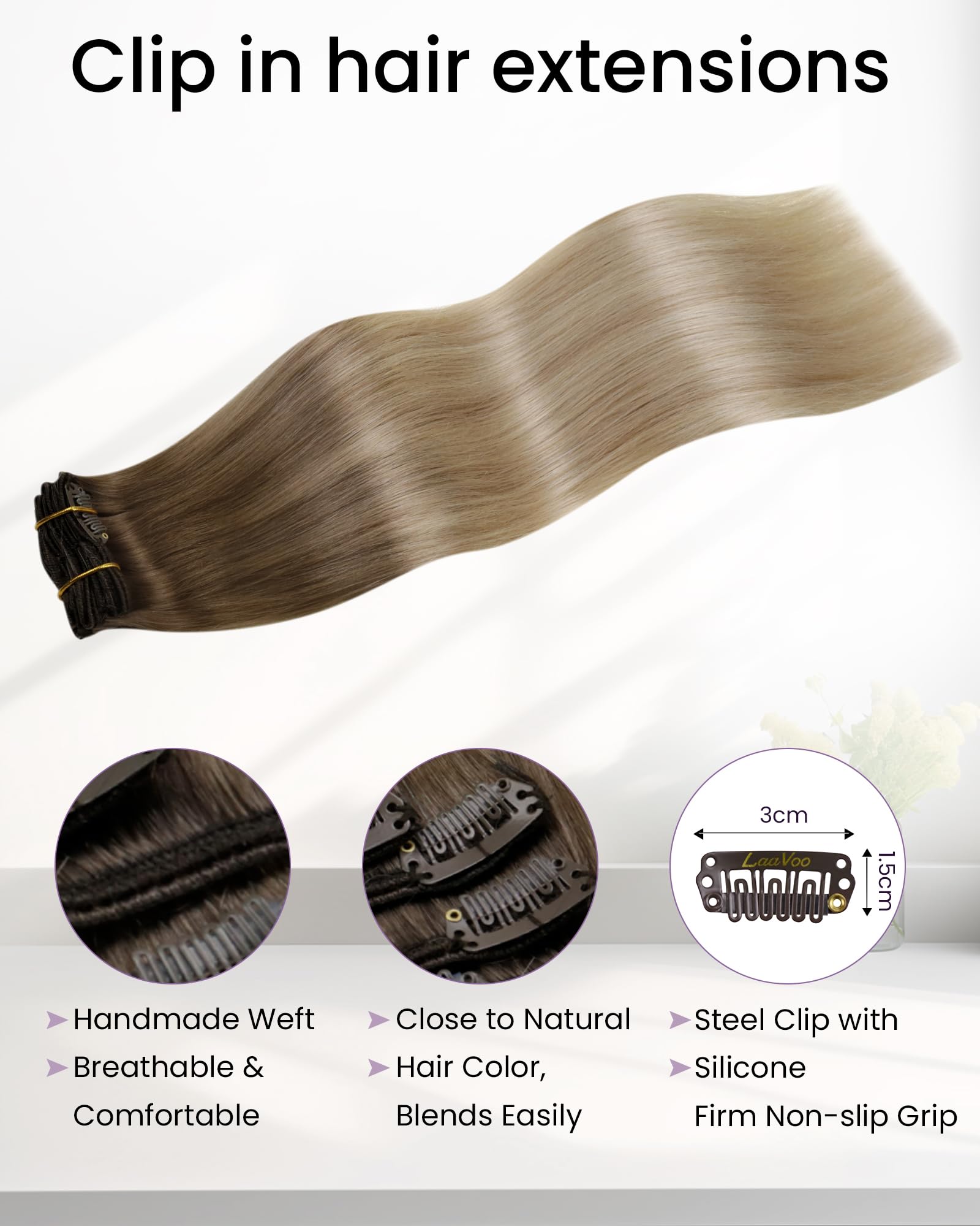 LaaVoo real human hair clip-ins offer silky texture for effortless styling.