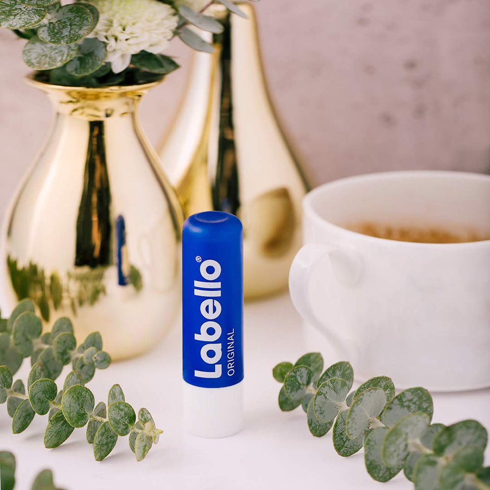Labello Original Lip Balm packaging emphasizes no mineral oils.