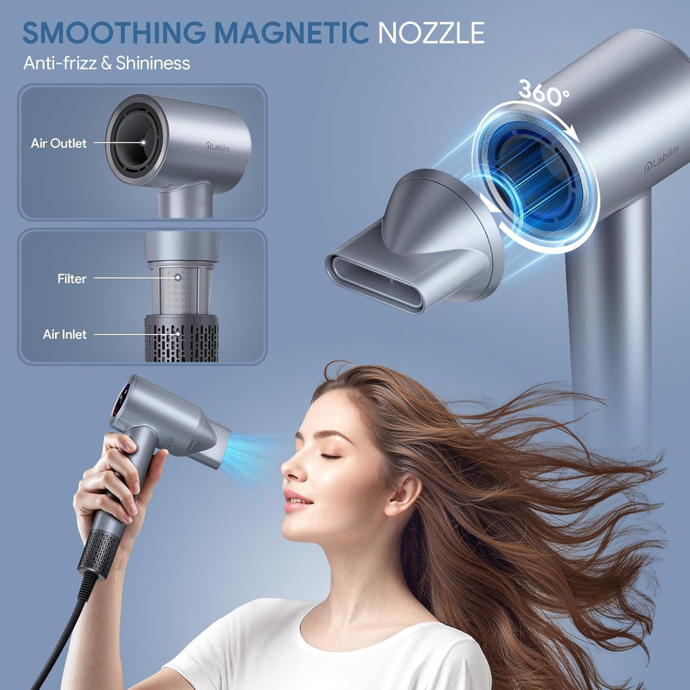 Labiim hair dryer magnetic nozzle attachment demonstrates easy magnetic fitting