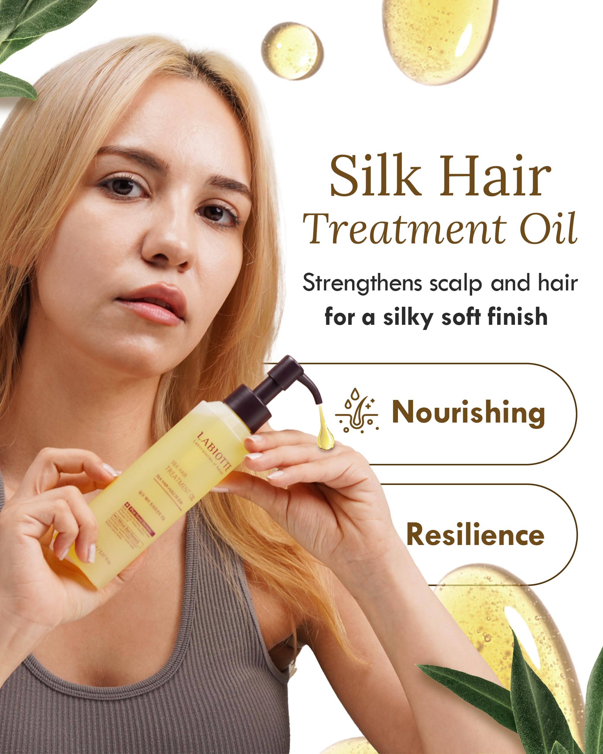 Labiotte Silk Oil in amber bottle showcasing frizz control and shine.