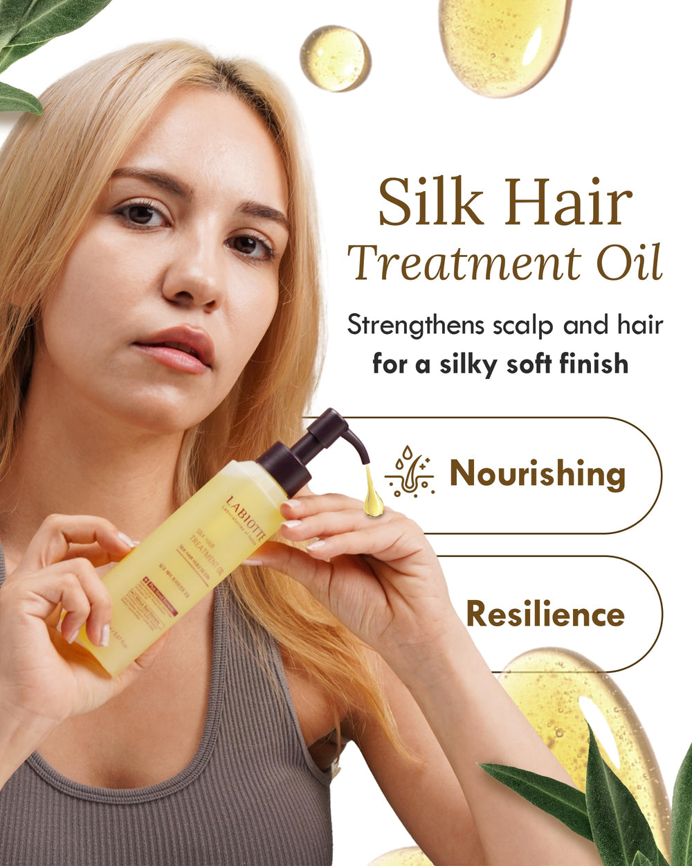 Labiotte Silk Oil in amber bottle showcasing frizz control and shine.