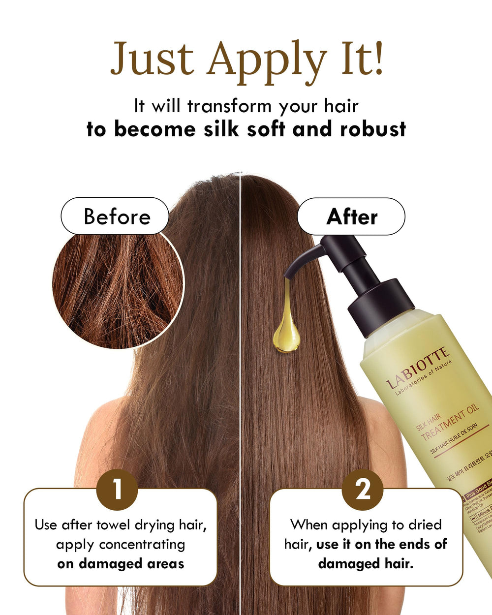 Labiotte Silk Oil demonstrates frizz control for sleek, manageable hair.