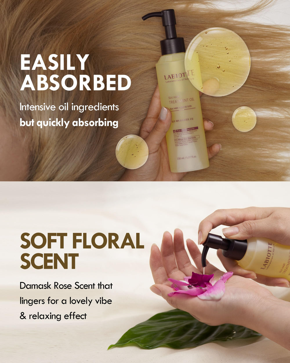Labiotte Silk Oil provides shiny, healthy-looking hair with enhanced luster.