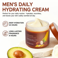 LABJD men's body butter jar close-up reveals rich texture for deep hydration.