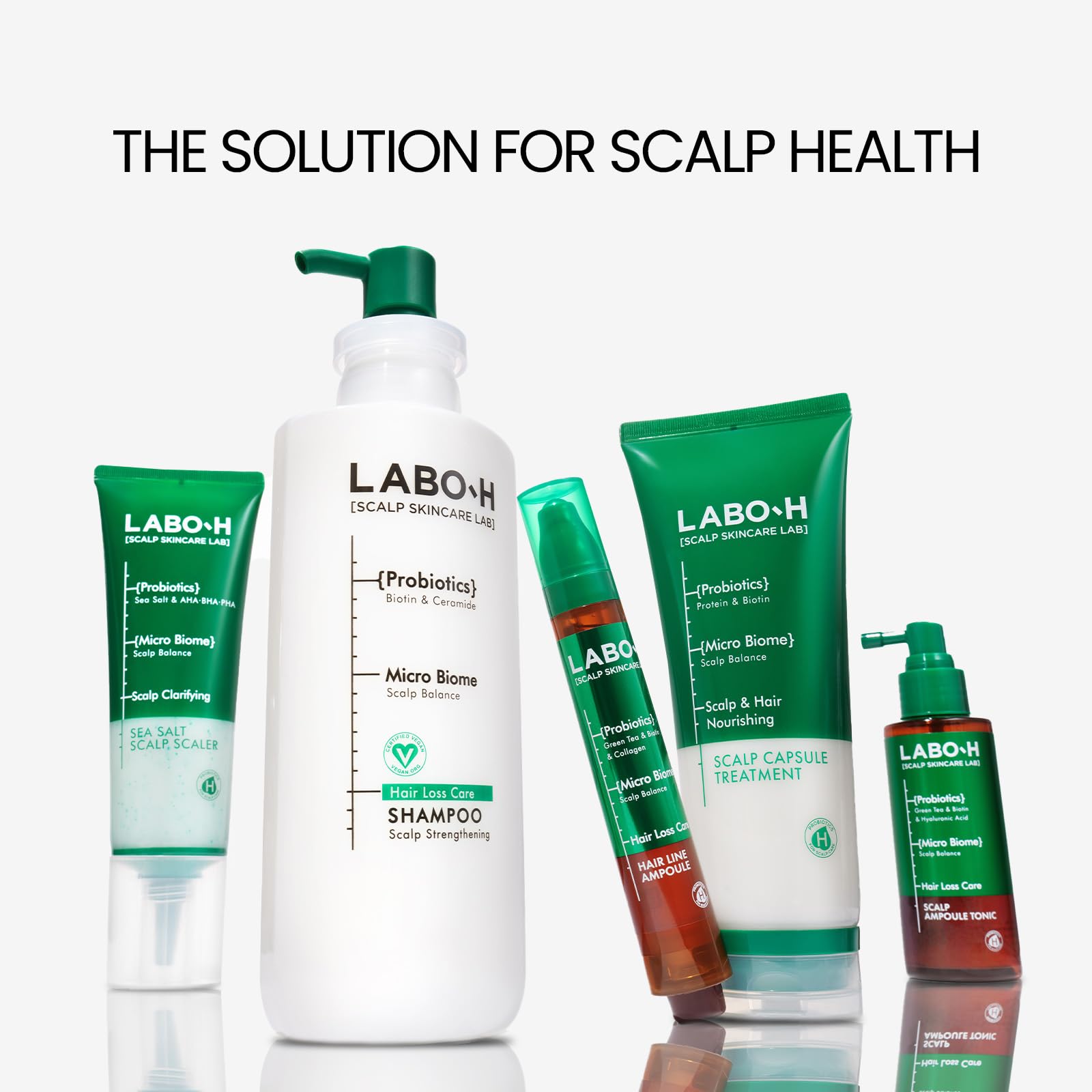 LABO-H product-packaging emphasizes vegan, sulfate-free formula for sensitive scalps.