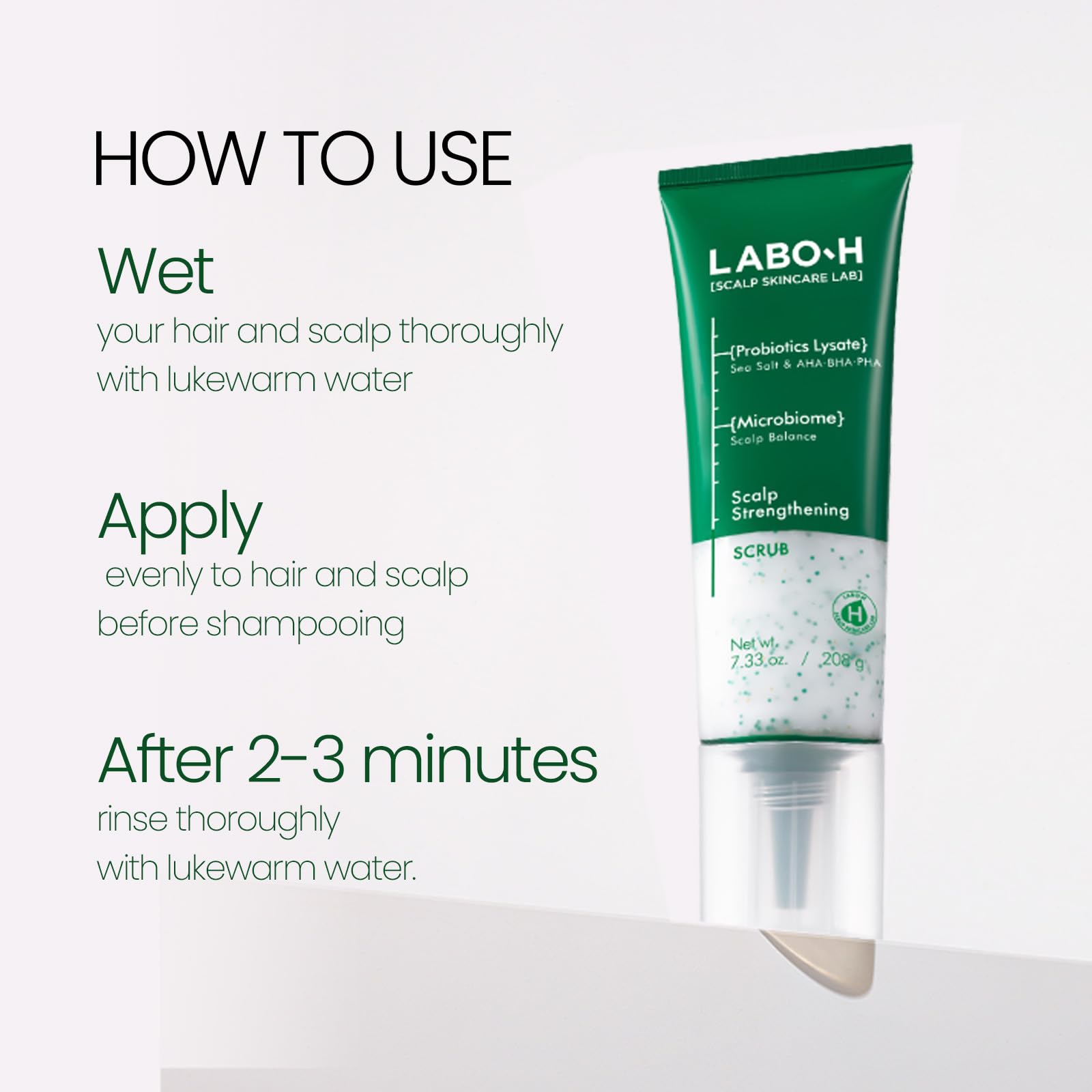 LABO-H scalp-scrub-application-on-scalp demonstrates pre-shampoo treatment for cleaner pores.
