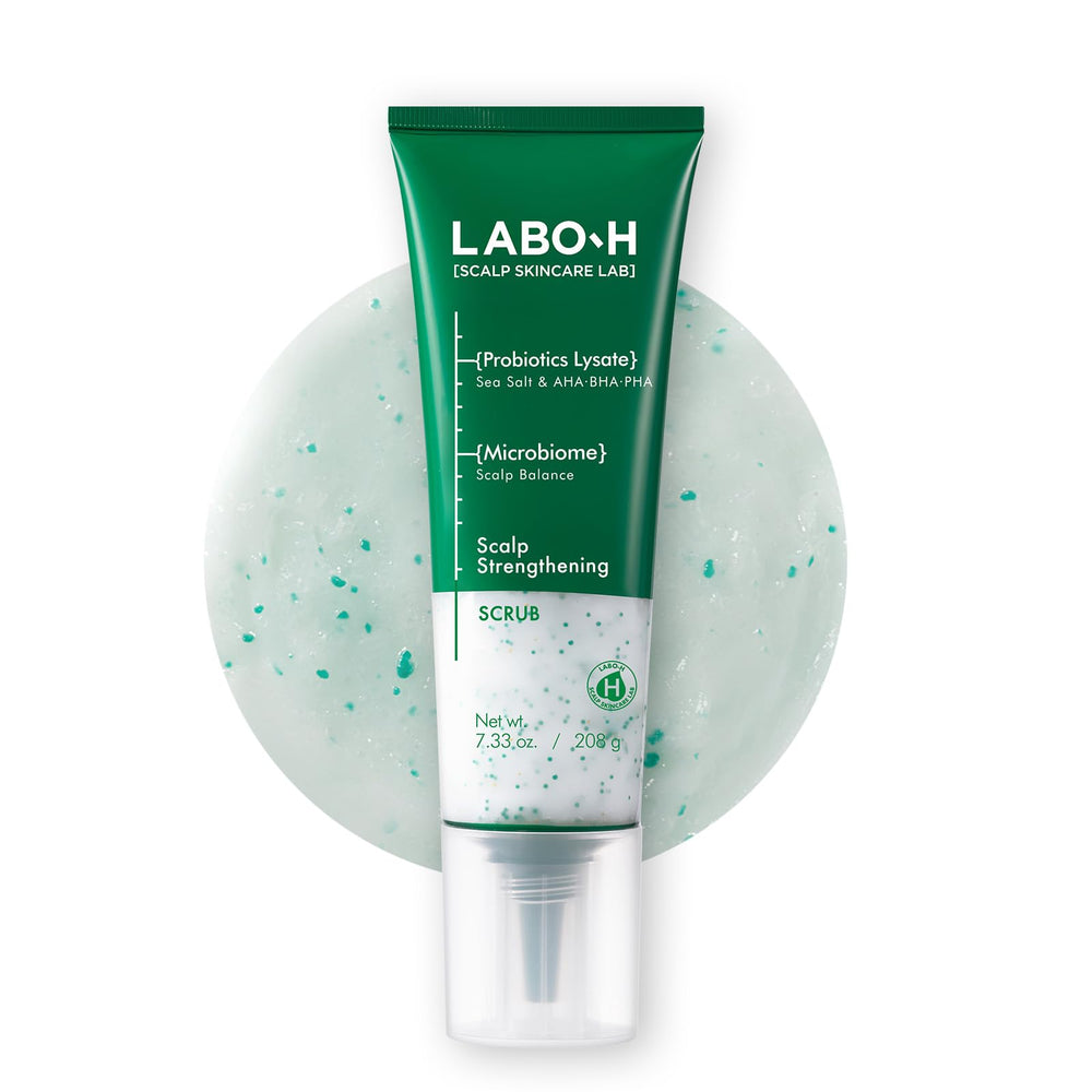 LABO-H scalp scrub bottle highlights vegan formula for a refreshed scalp.
