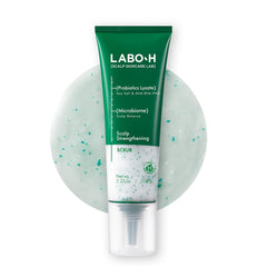 LABO-H scalp scrub bottle highlights vegan formula for a refreshed scalp.