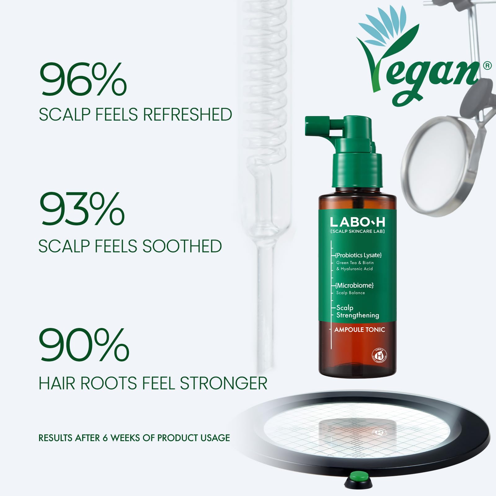 LABO-H Scalp Strengthening Spray label detail highlights vegan formula.