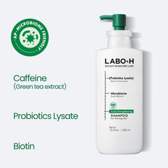 LABO-H Scalp Shampoo bottle shows biotin and ceramide for nourishing hydration and frizz control.