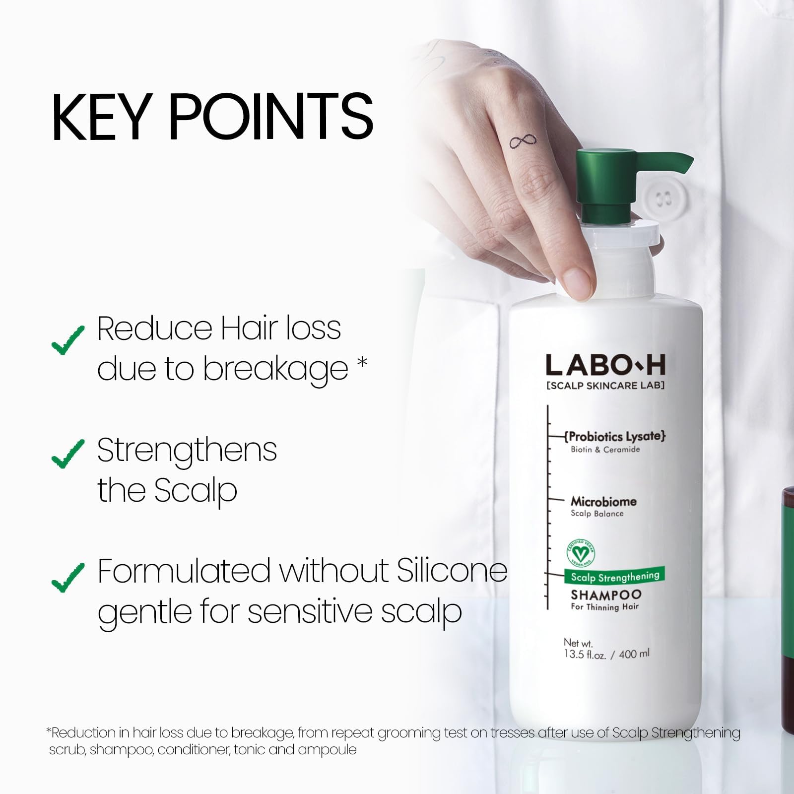 LABO-H Scalp Shampoo bottle highlights caffeine for energizing follicles and fuller-looking hair.