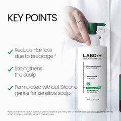 LABO-H Scalp Shampoo bottle highlights caffeine for energizing follicles and fuller-looking hair.