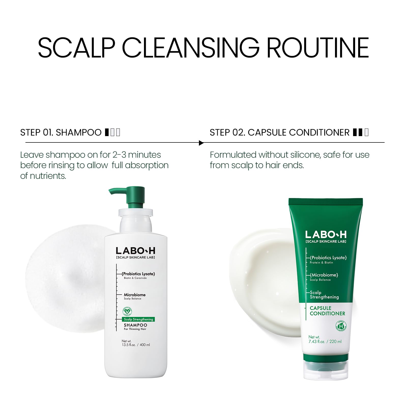 LABO-H Scalp Shampoo cleanses ultrafine dust for a refreshed scalp after wash.
