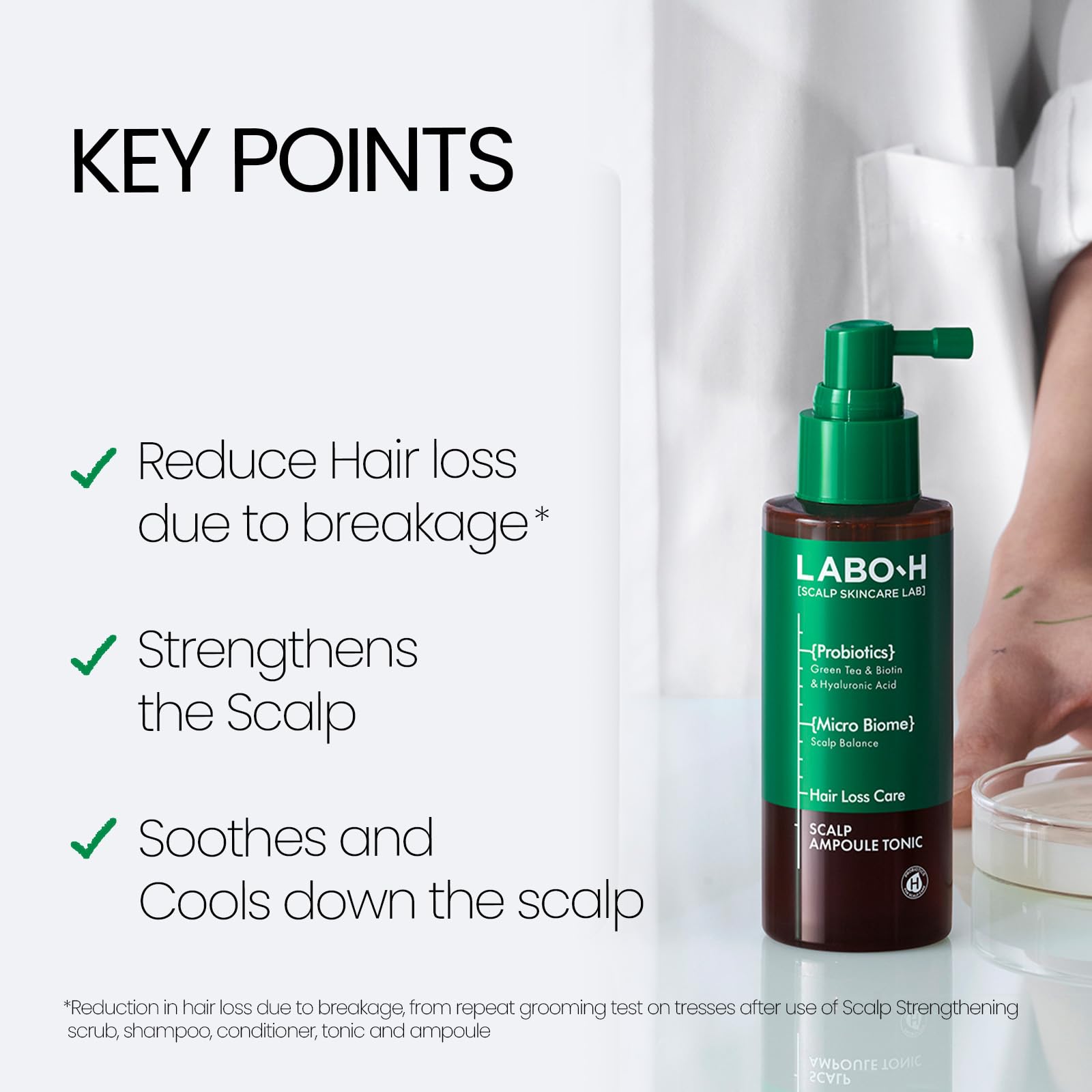 LABO-H Scalp Strengthening Spray in-hand application showing easy scalp revitalization.