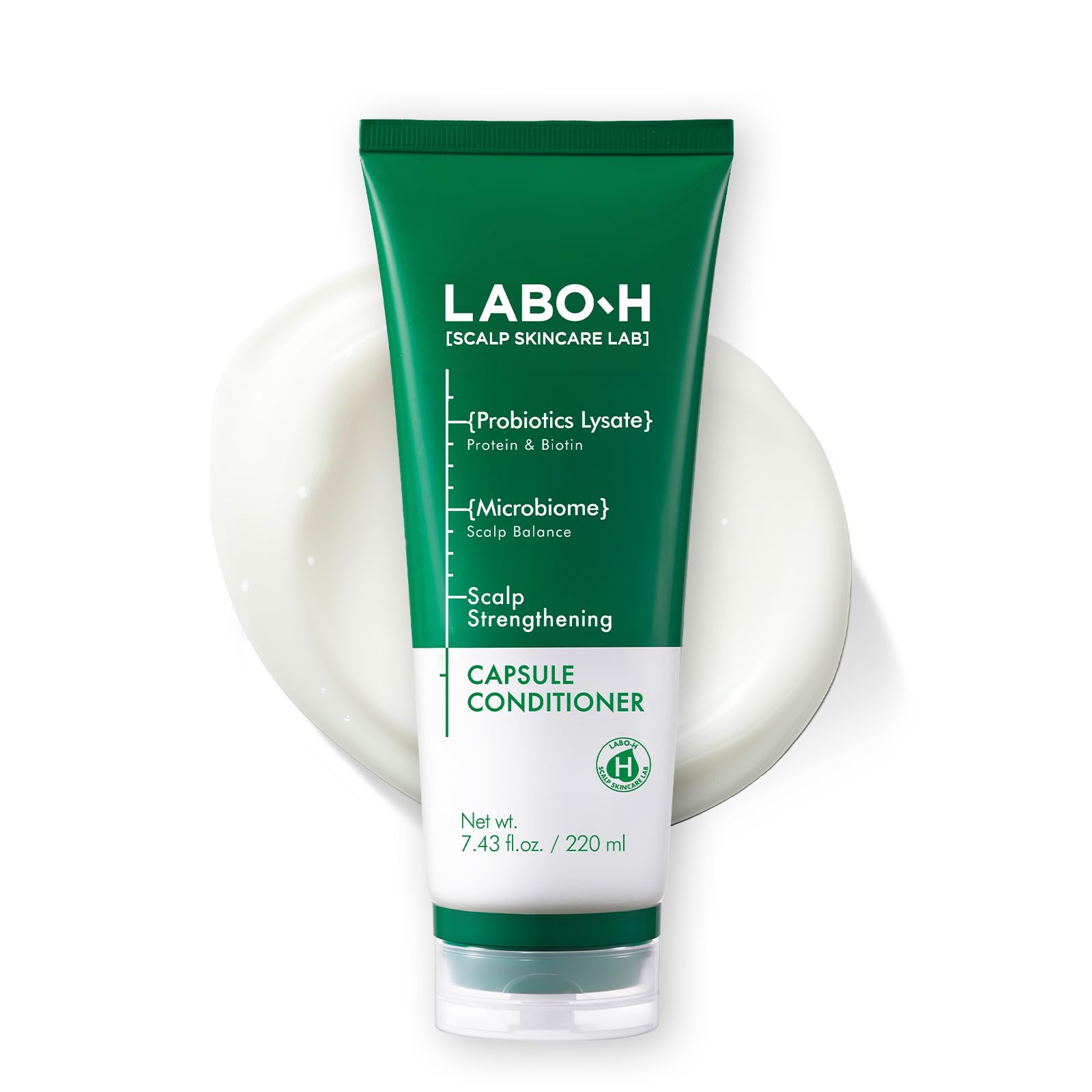LABO-H scalp-strengthening bottle-front promotes healthier roots with vegan formula.
