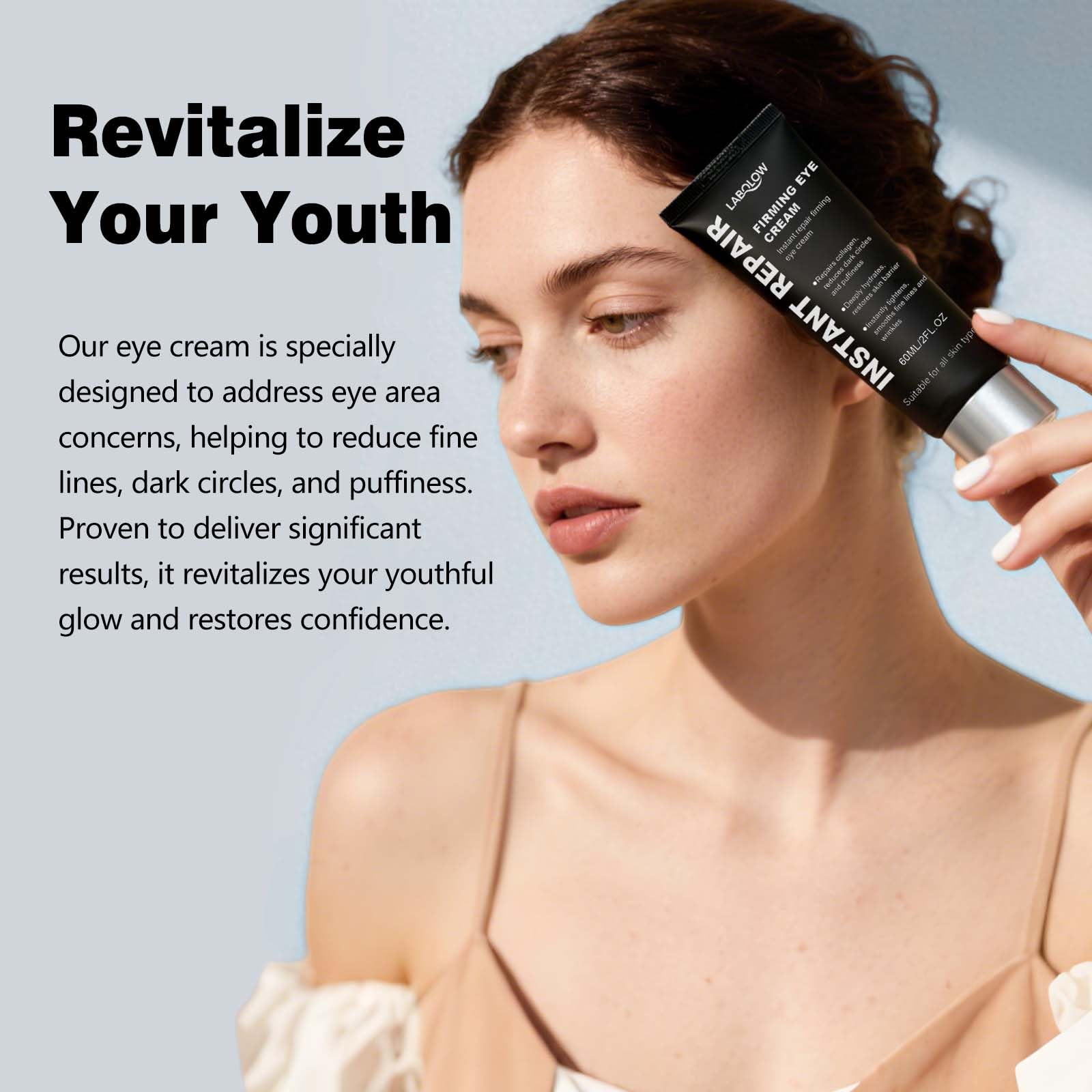 LABOLOW eye tightener cream tube close-up demonstrates smooth, quick-absorb application for dark circles.