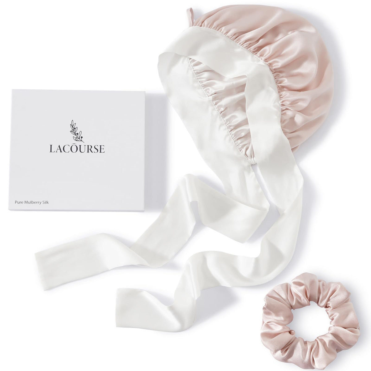 LaCourse non-slip silk bonnet front view in pink and ivory for gentle night time hair protection.