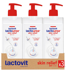 Lactovit Lactourea bottle front shows 3x400ml packaging for daily hydration.