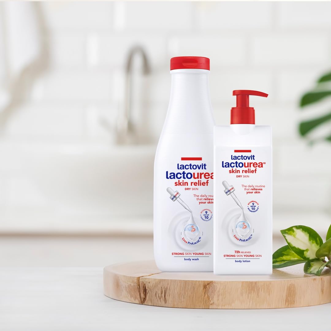 Lactovit Lactourea bottle with skin application shows thorough massage and absorption.