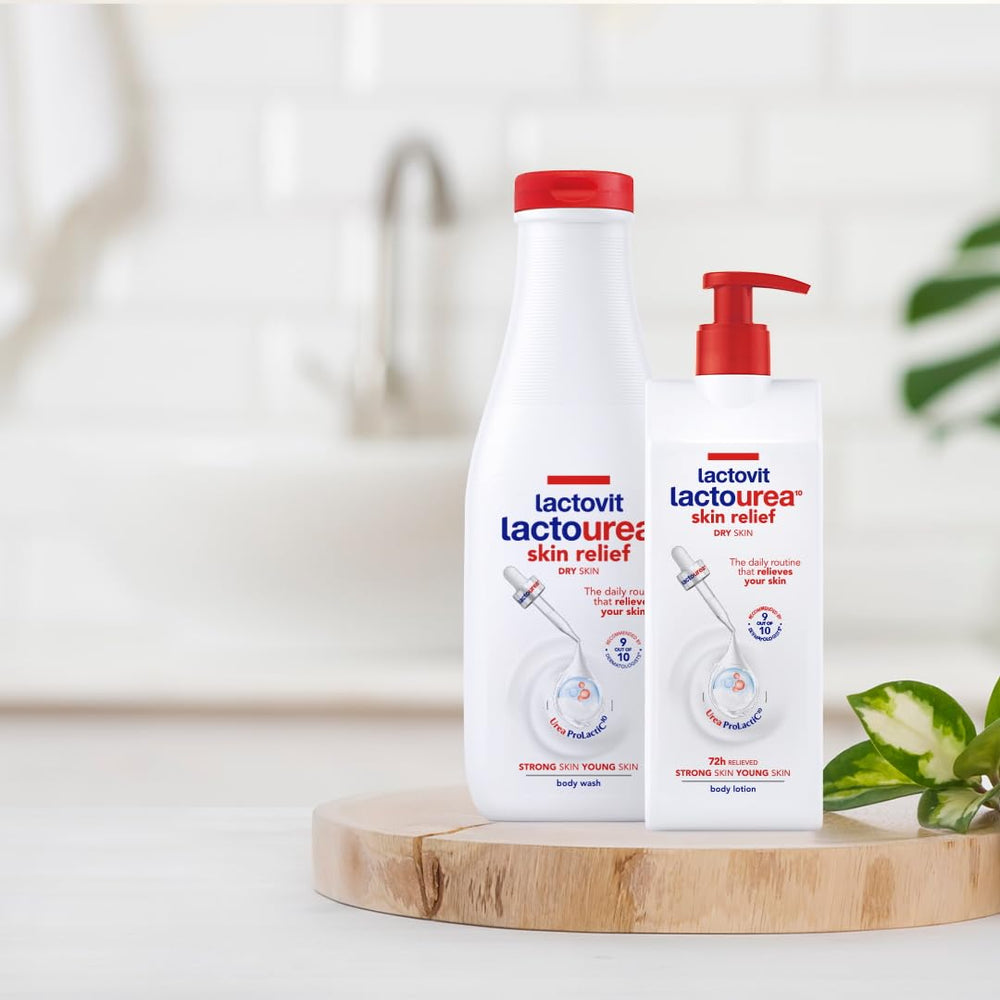 Lactovit Lactourea bottle with skin application shows thorough massage and absorption.