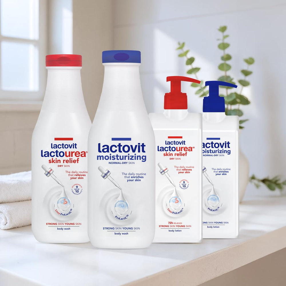 Lactovit Lactourea dermatologist-recommendation badge communicates trusted skincare.
