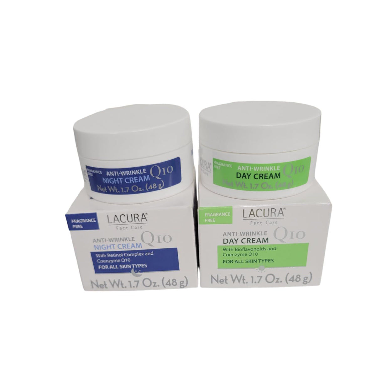 Lacura Q10 Day Cream jar image shows daytime hydration and smoothing support.