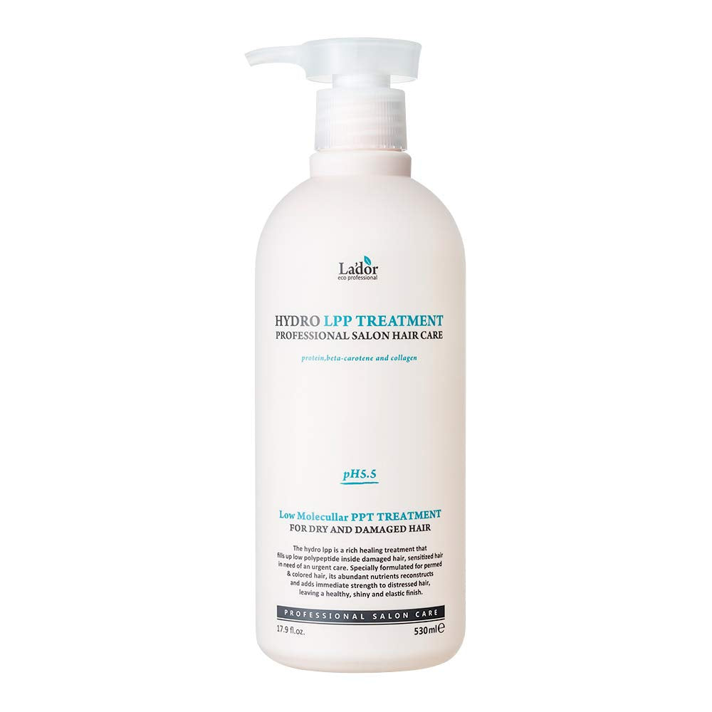 LA'DOR Hydro LPP bottle closeup shows a silicone-free care formula for soft hair.