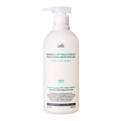 LA'DOR Hydro LPP bottle closeup shows a silicone-free care formula for soft hair.
