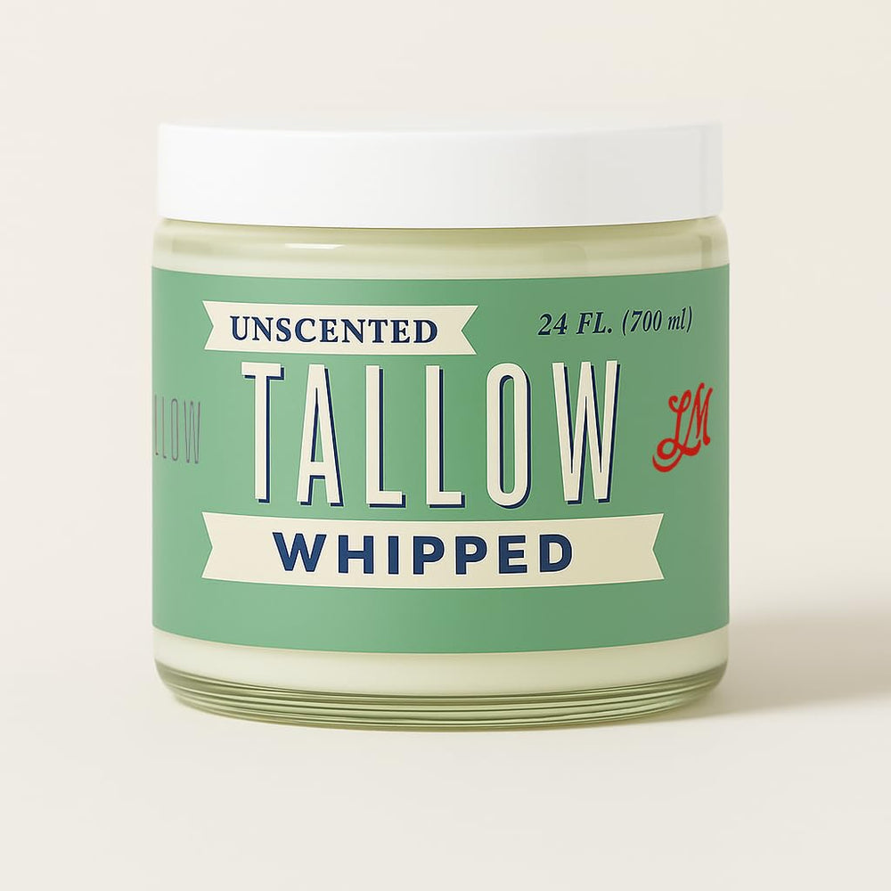 Lady May Tallow whipped tallow jar closeup shows rich hydration texture.