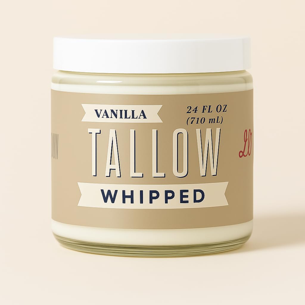 Lady May Tallow bottle with vanilla whipped tallow shows creamy texture for deep hydration.