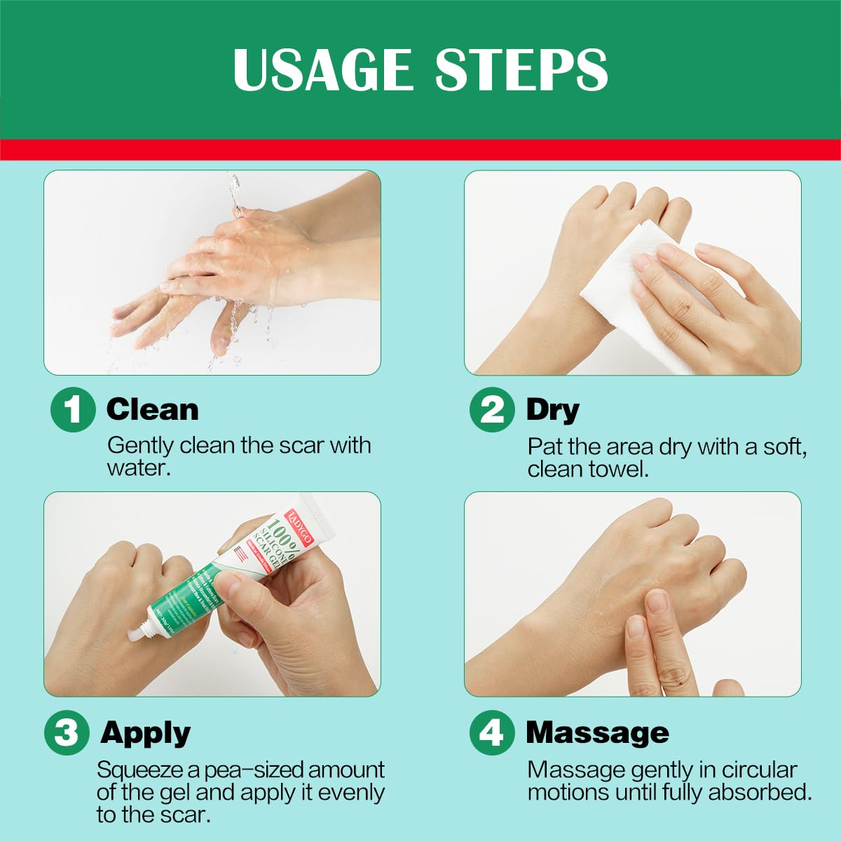 Ladygo scar gel tube image conveys travel-ready, easy dispense convenience.