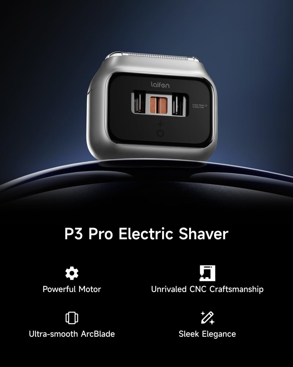 Laifen P3 Pro dual-linear motors graphic highlighting rapid cutting for tough facial hair.