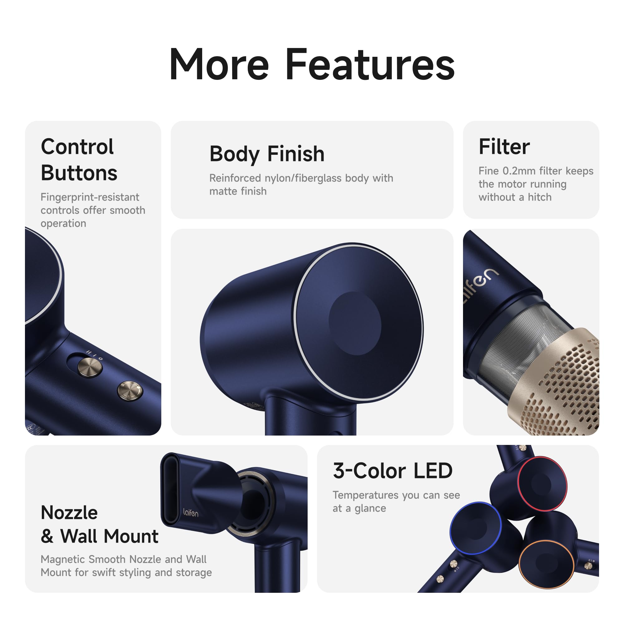 Laifen Premium Hair Dryer Royal Blue Magnetic wall mount keeps space tidy.