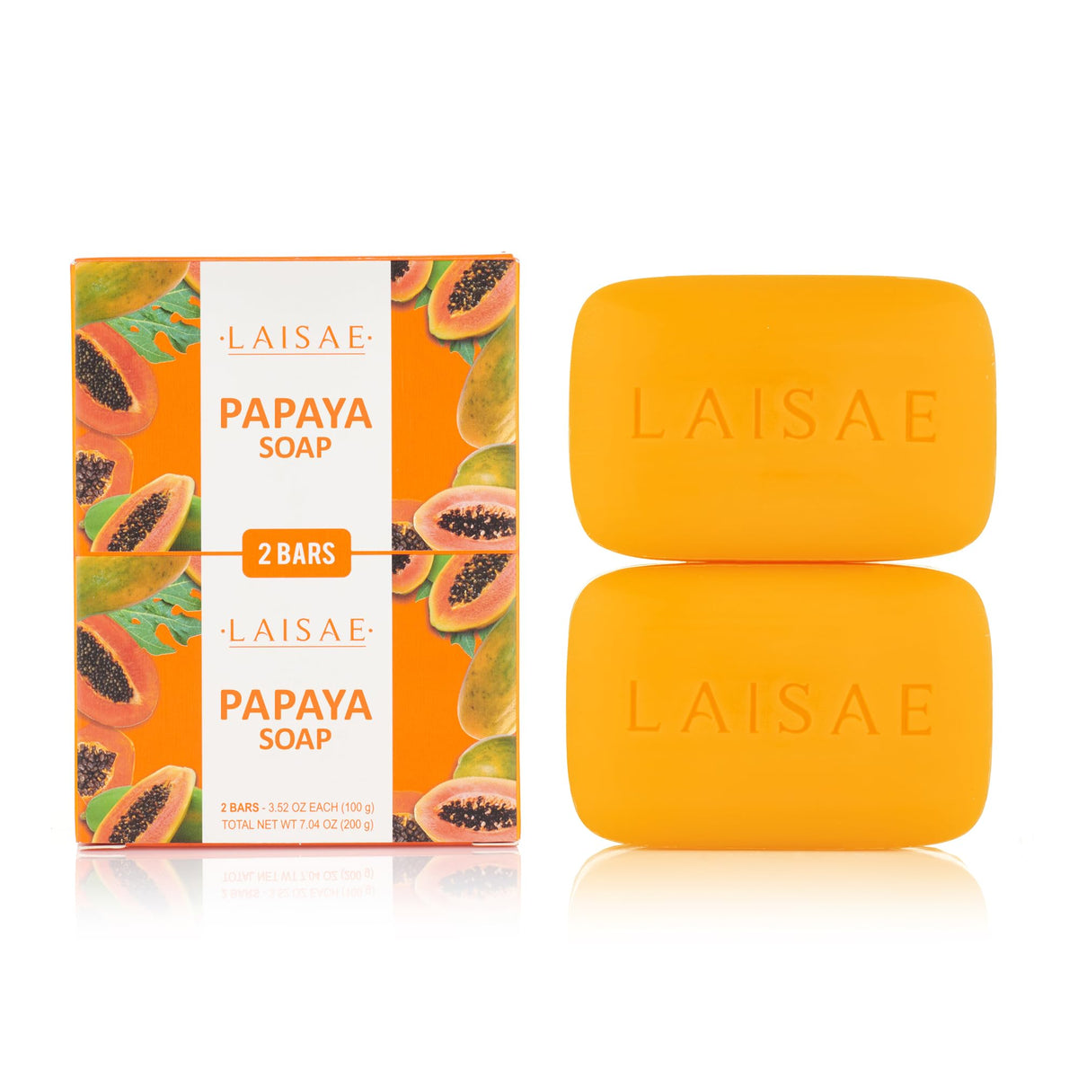 LAISAE papaya exfoliating soap bar closeup shows brightening formula for even tone.
