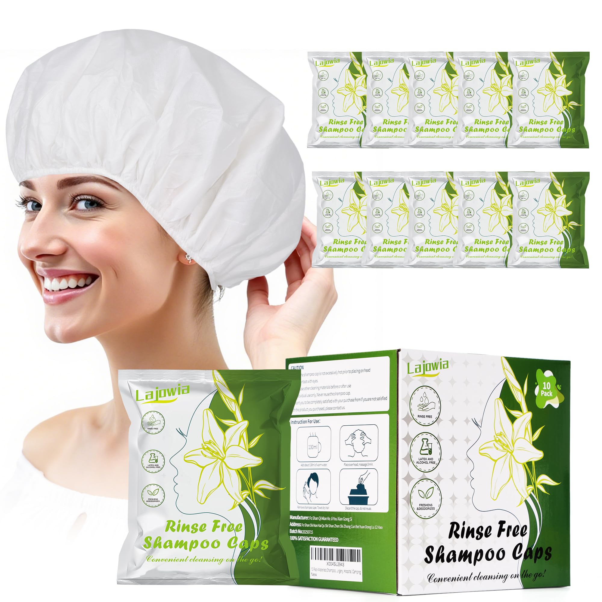 Lajowia waterless shampoo cap 10-pack, convenient for travel and bedside use.