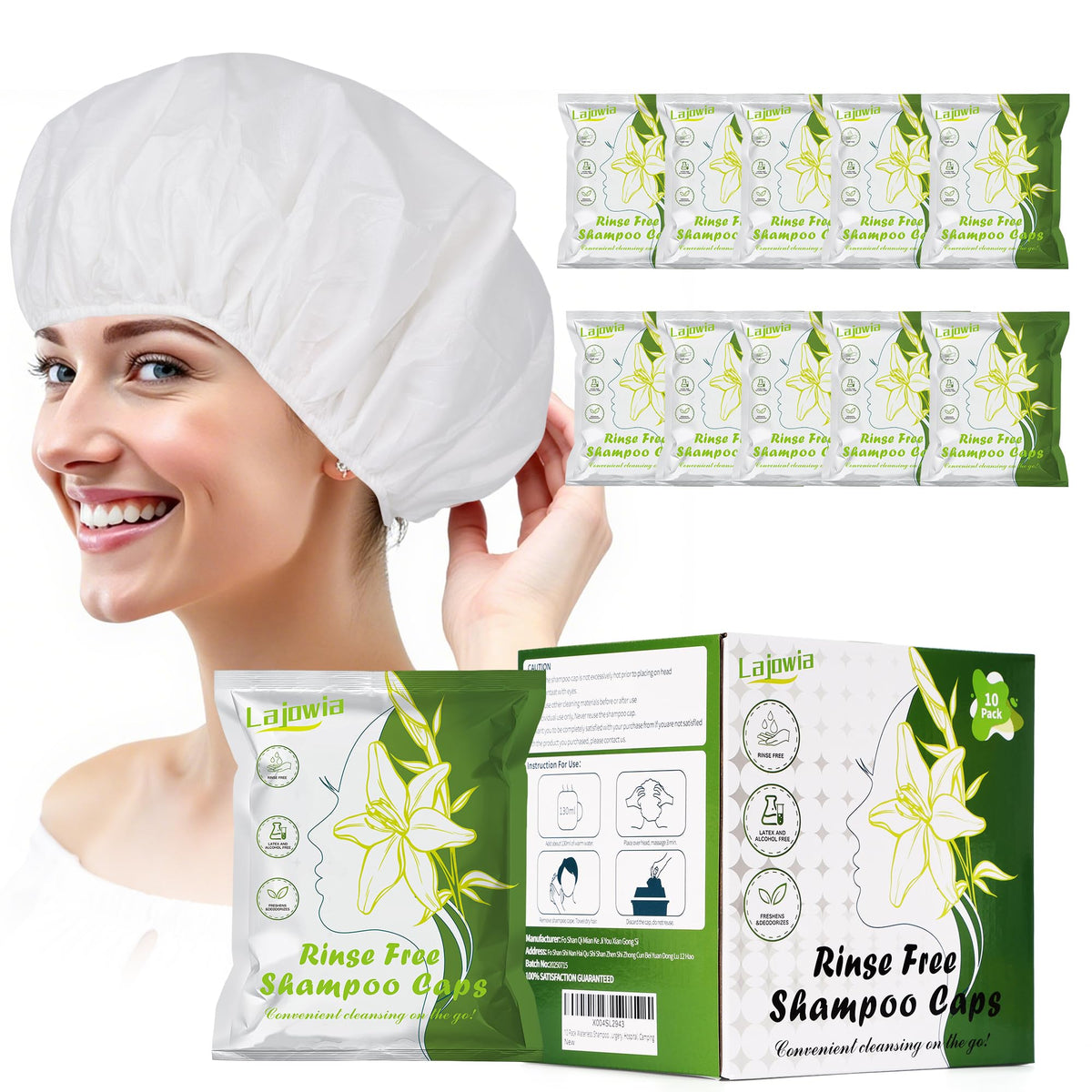 Lajowia waterless shampoo cap 10-pack, convenient for travel and bedside use.