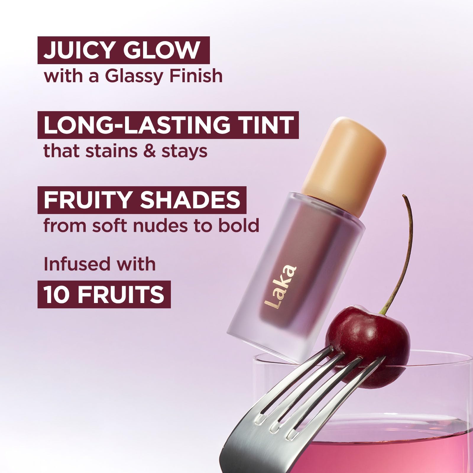 Laka Fruity Glam Tint glossy finish on lips emphasizes glassy shine