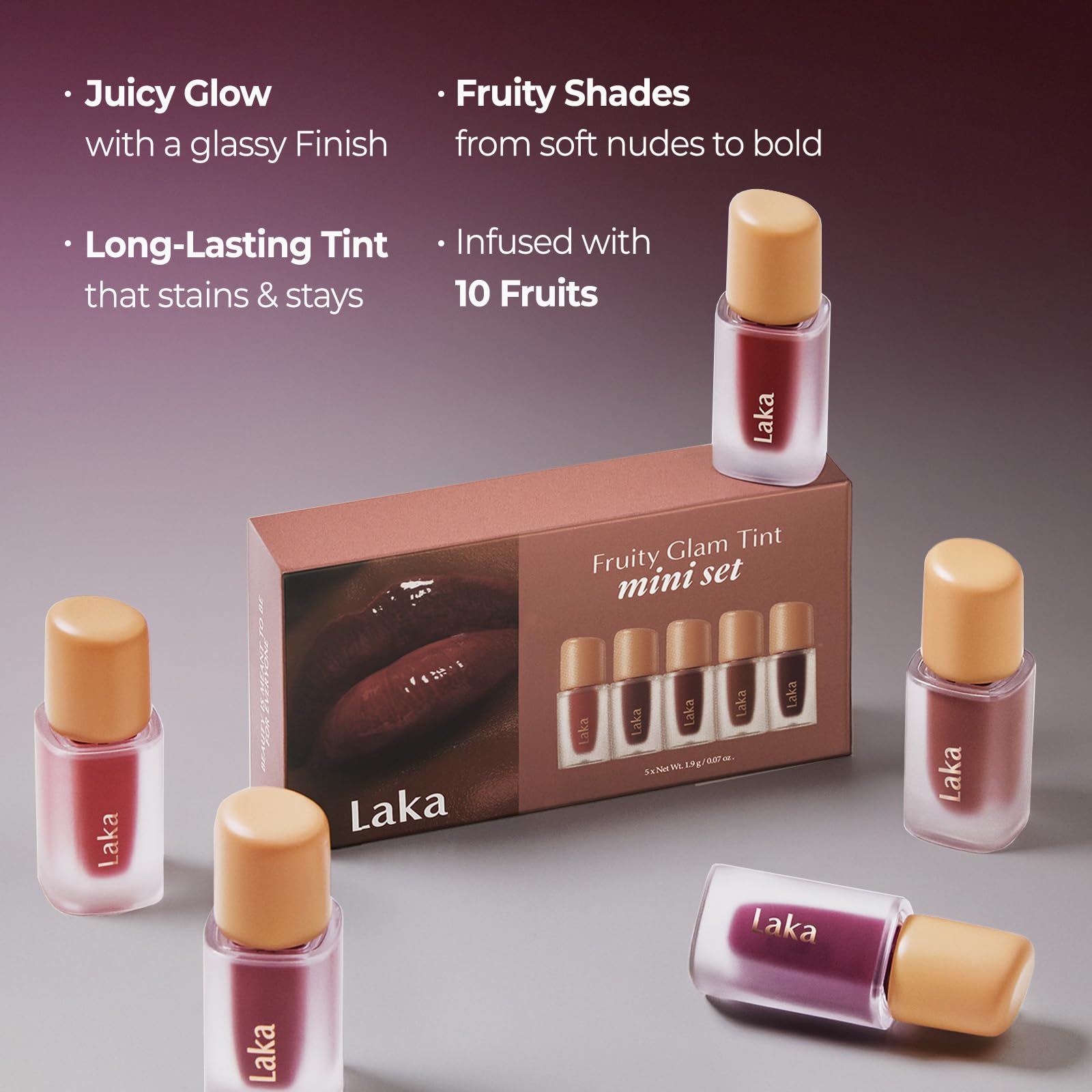 Laka Fruity Glam Tint Cherry swatch delivers vibrant, fade-resistant color