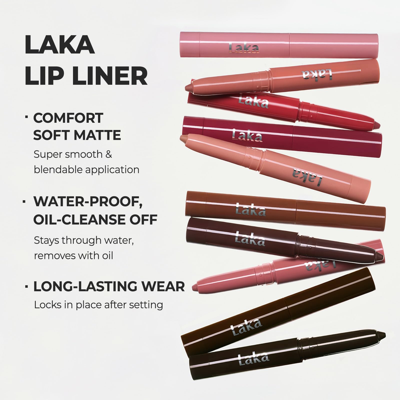 Model wearing Laka lip liner #14 Deep Currant demonstrating defined, natural-looking lip contour