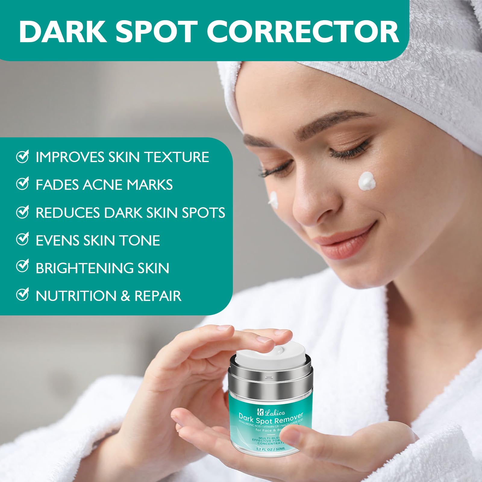 Lakico dark spot remover ingredients illustration highlights Hyaluronic Acid and Vitamin C benefits.