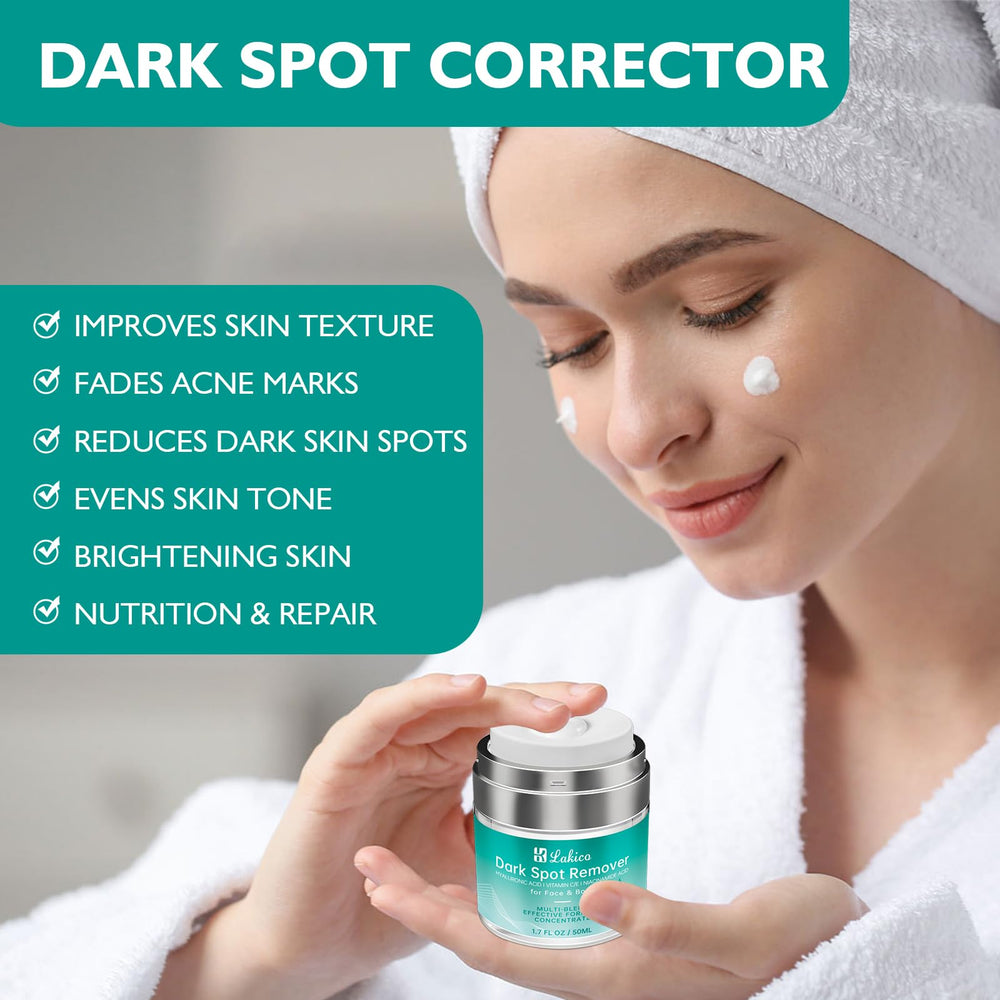 Lakico dark spot remover ingredients illustration highlights Hyaluronic Acid and Vitamin C benefits.